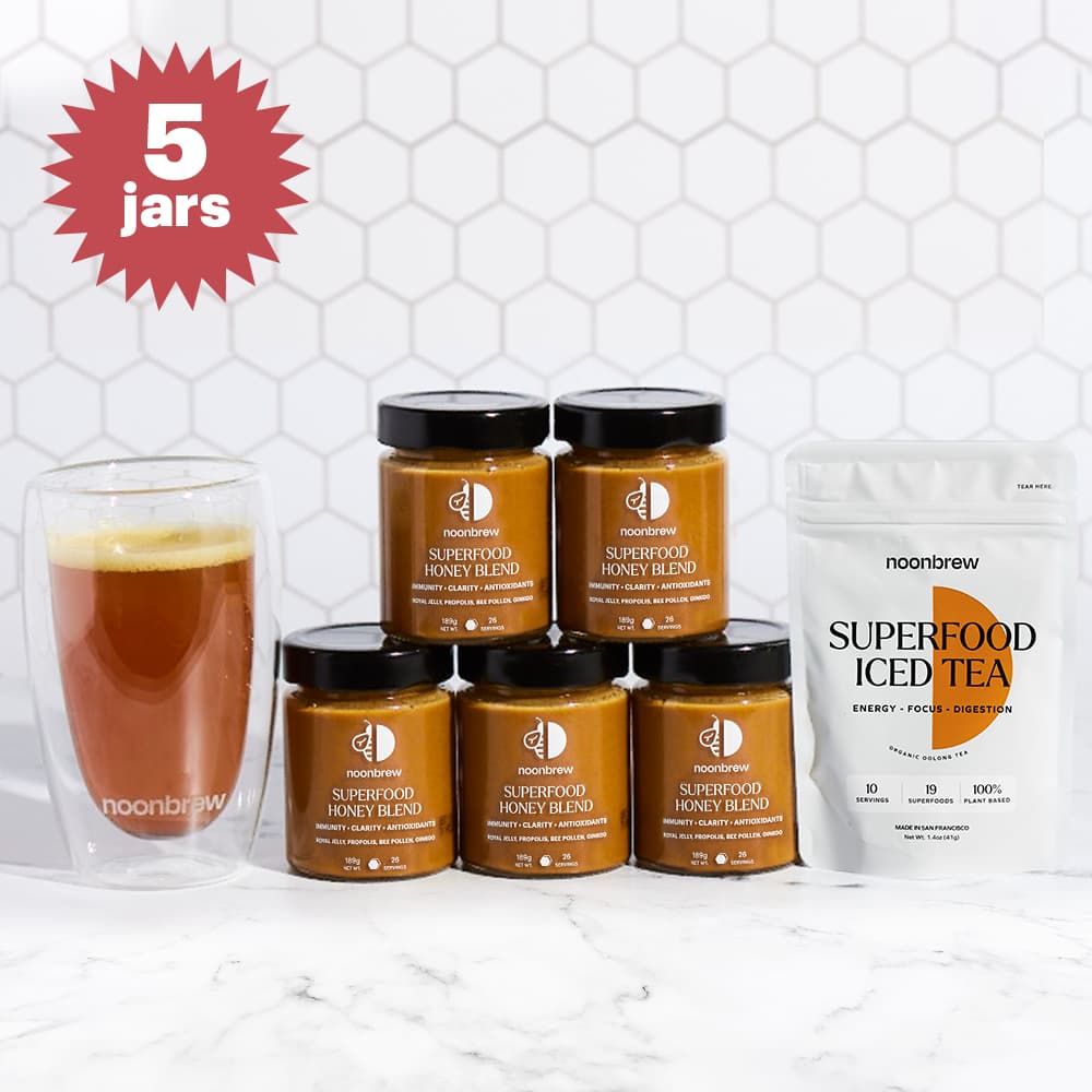 SuperFood Honey - 5 Pack + 10 Serving Travel Pack + Double Wall Glass  + Chrome Honey Stick