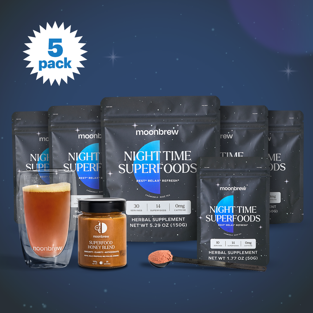 5 x 30 Servings MoonBrew + Superfood Honey + Travel Pack + Double Walled Glass