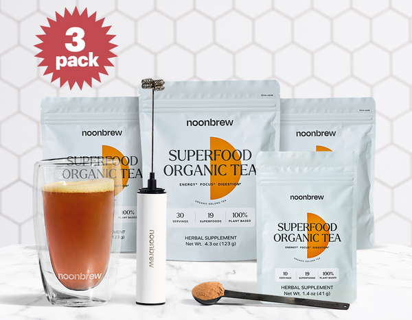 3 x 30 Servings NoonBrew + Frother + Travel Pack + Double Walled Glass