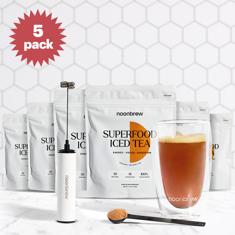5 x 30 Servings NoonBrew + Frother + Double Walled Glass + Travel Pack