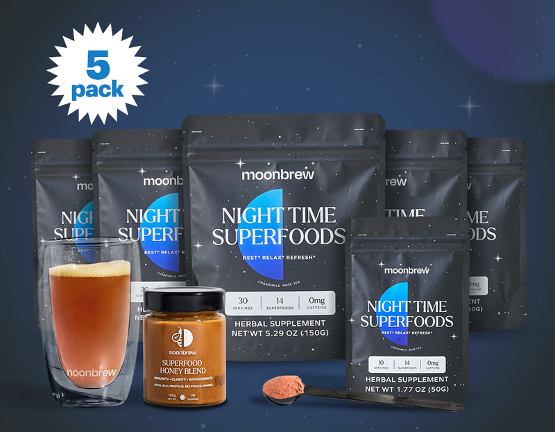 5 x 30 Servings MoonBrew + Superfood Honey + Travel Pack + Double Walled Glass