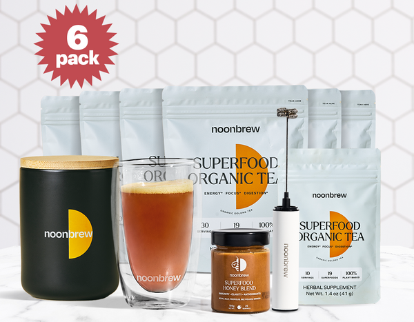 6 x 30 Servings NoonBrew + Frother + Superfood Honey + Travel Pack + Double Walled Glass + Storage Container