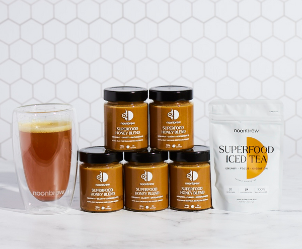SuperFood Honey - 5 Pack + 10 Serving Travel Pack + Double Wall Glass  + Chrome Honey Stick