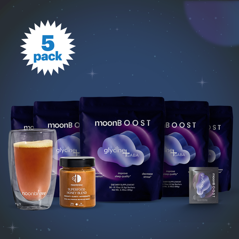 5 x 30 Single Servings MoonBoost + Superfood Honey + DW Glass