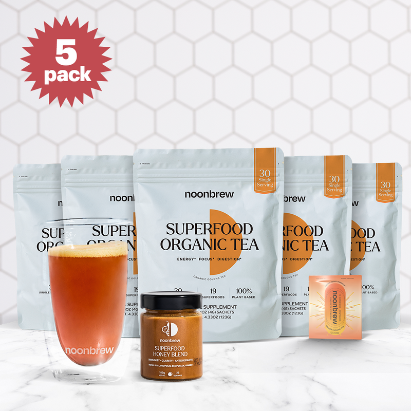 5 x 30 Servings NoonBrew Single Serving Sachets  + Superfood Honey + DW Glass